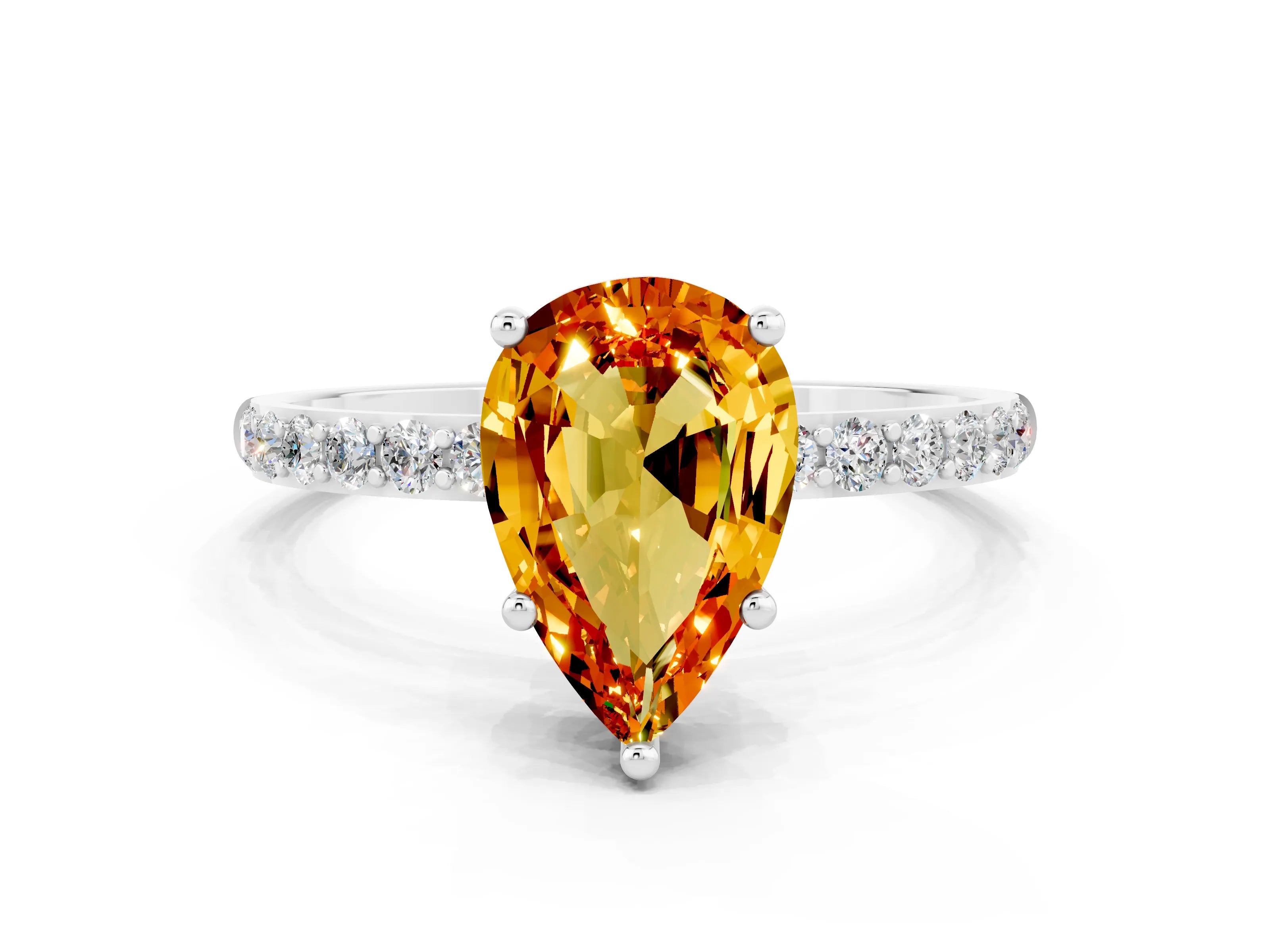 White gold Pear Cut Citrine Solitaire Ring with Pave Band and Four Prong Setting_24