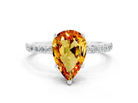 White gold Pear Cut Citrine Solitaire Ring with Pave Band and Four Prong Setting_24
