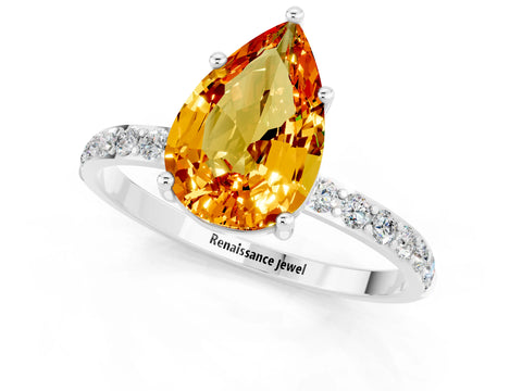 White gold Pear Cut Citrine Solitaire Ring with Pave Band and Four Prong Setting_25