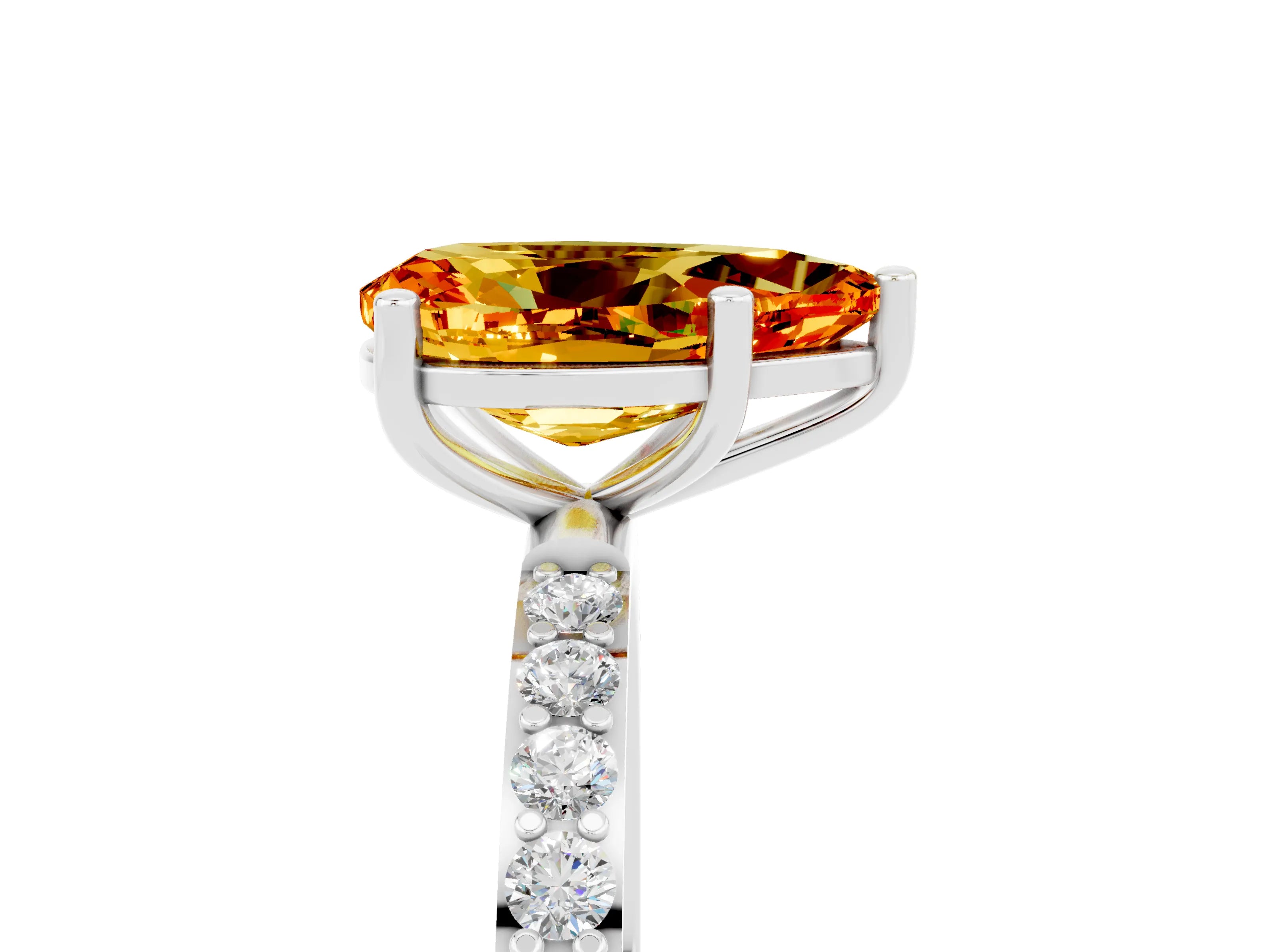 White gold Pear Cut Citrine Solitaire Ring with Pave Band and Four Prong Setting_29