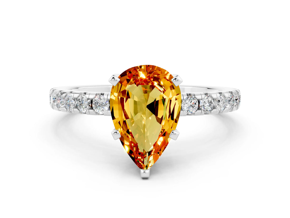 White gold Pear Cut Citrine Solitaire Ring with Round  Pavé Band and Four-Prong Setting_72
