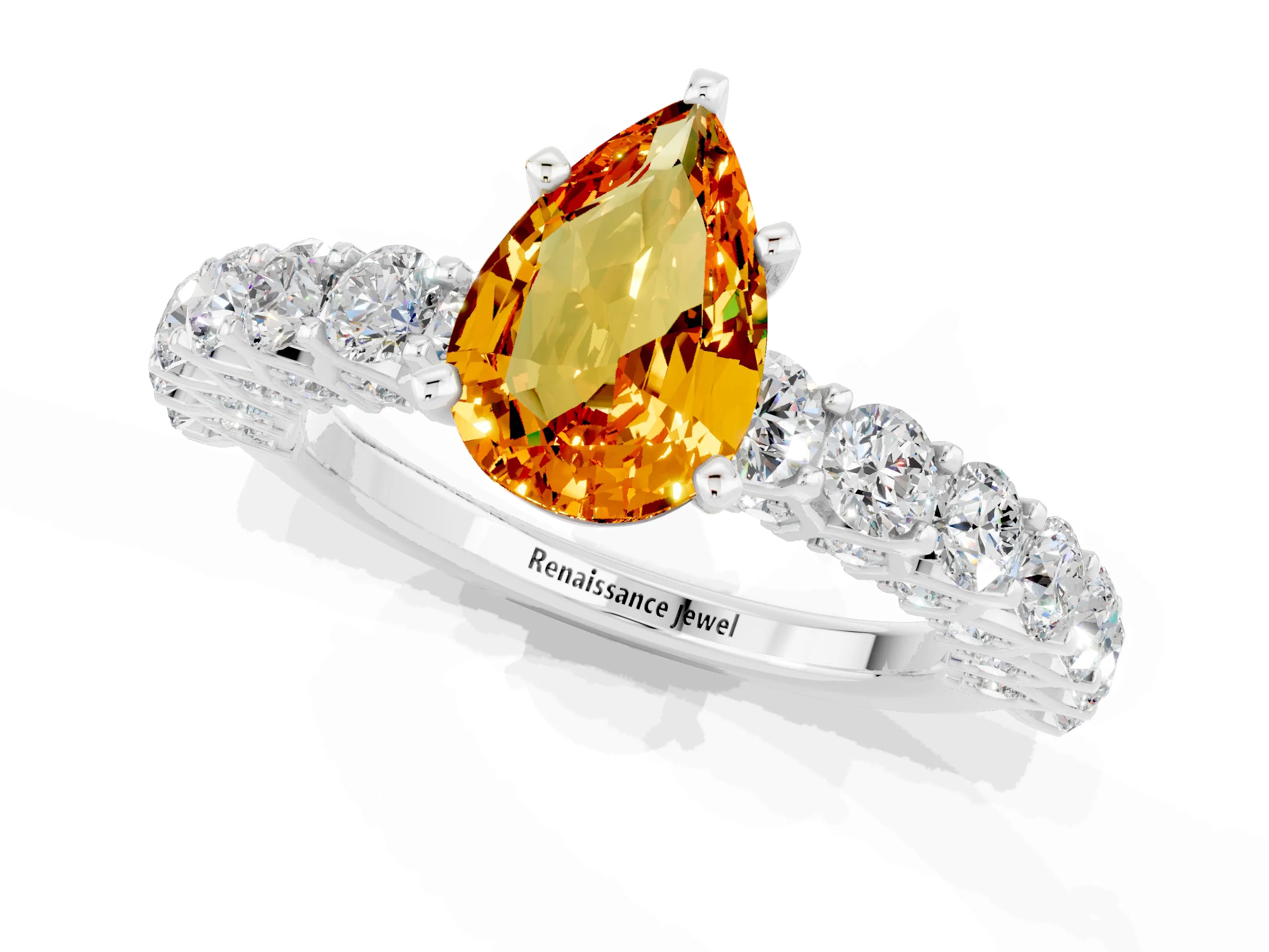 White gold Pear Cut Citrine Solitaire Ring with Shared Prong Pavé Band and Four-Prong Setting_1