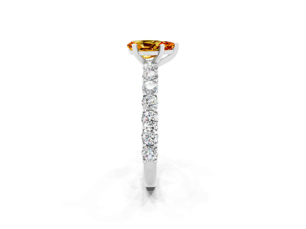 Platinum Pear Cut Citrine Solitaire Ring with Shared Prong Pavé Band and Four-Prong Setting