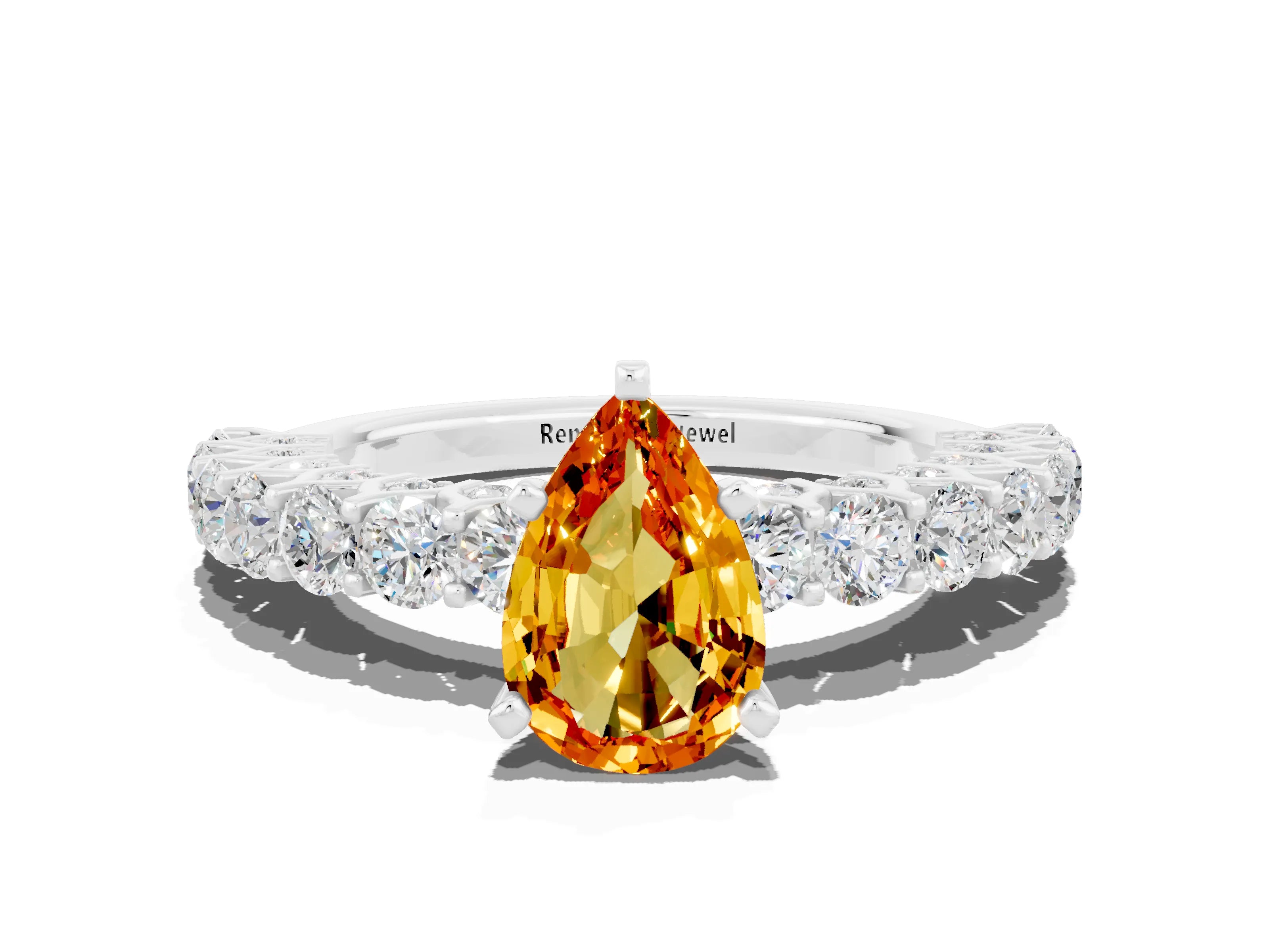 White gold Pear Cut Citrine Solitaire Ring with Shared Prong Pavé Band and Four-Prong Setting