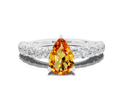 White gold Pear Cut Citrine Solitaire Ring with Shared Prong Pavé Band and Four-Prong Setting