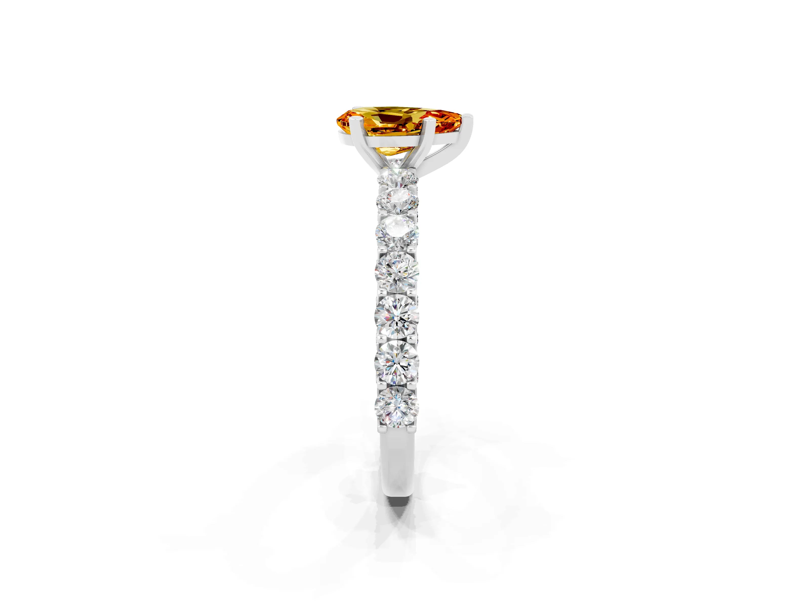 White gold Pear Cut Citrine Solitaire Ring with Shared Prong Pavé Band and Four-Prong Setting_2
