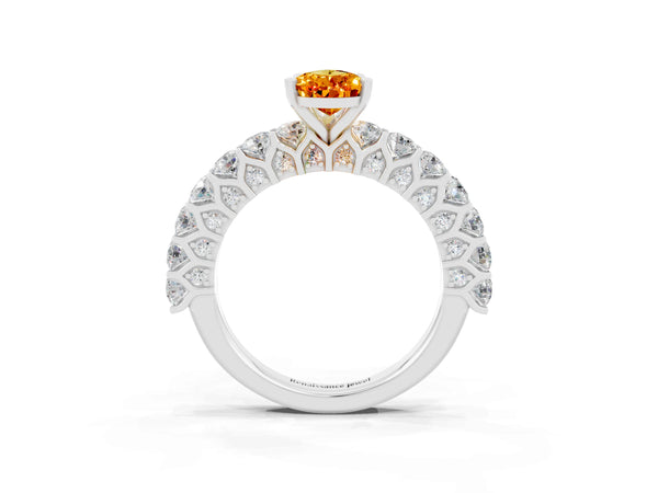 Platinum Pear Cut Citrine Solitaire Ring with Shared Prong Pavé Band and Four-Prong Setting