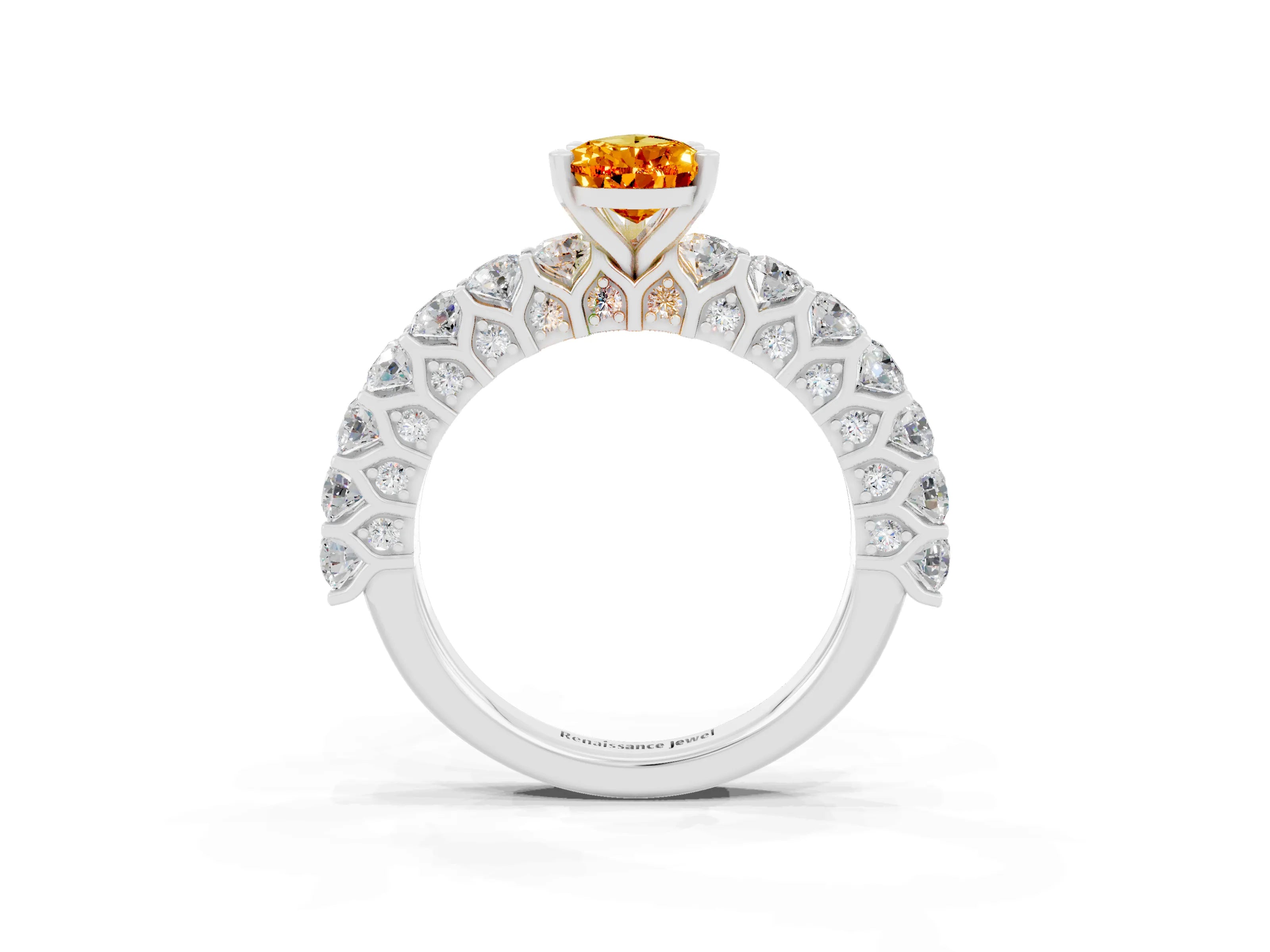 White gold Pear Cut Citrine Solitaire Ring with Shared Prong Pavé Band and Four-Prong Setting_3