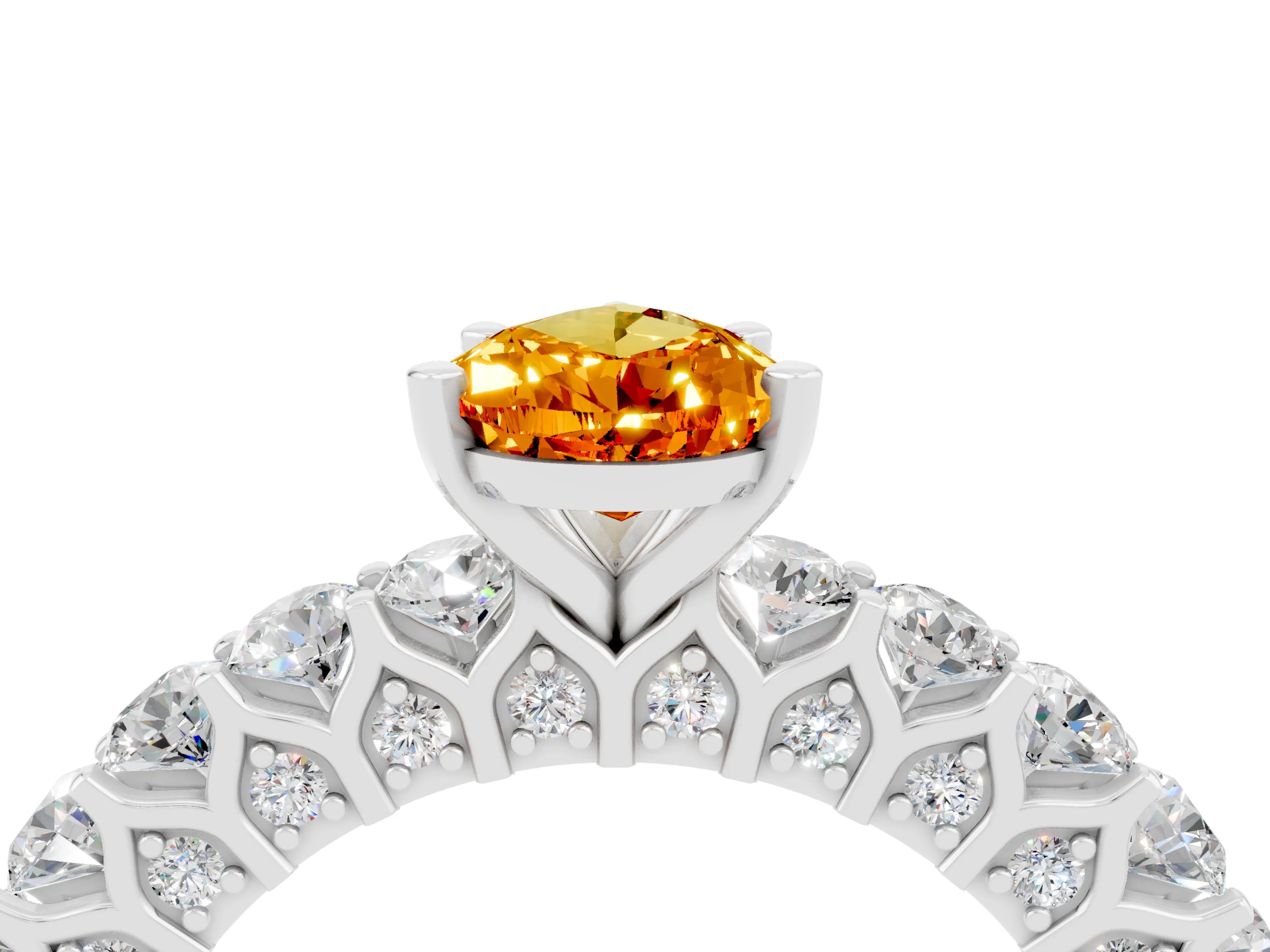 White gold Pear Cut Citrine Solitaire Ring with Shared Prong Pavé Band and Four-Prong Setting_4