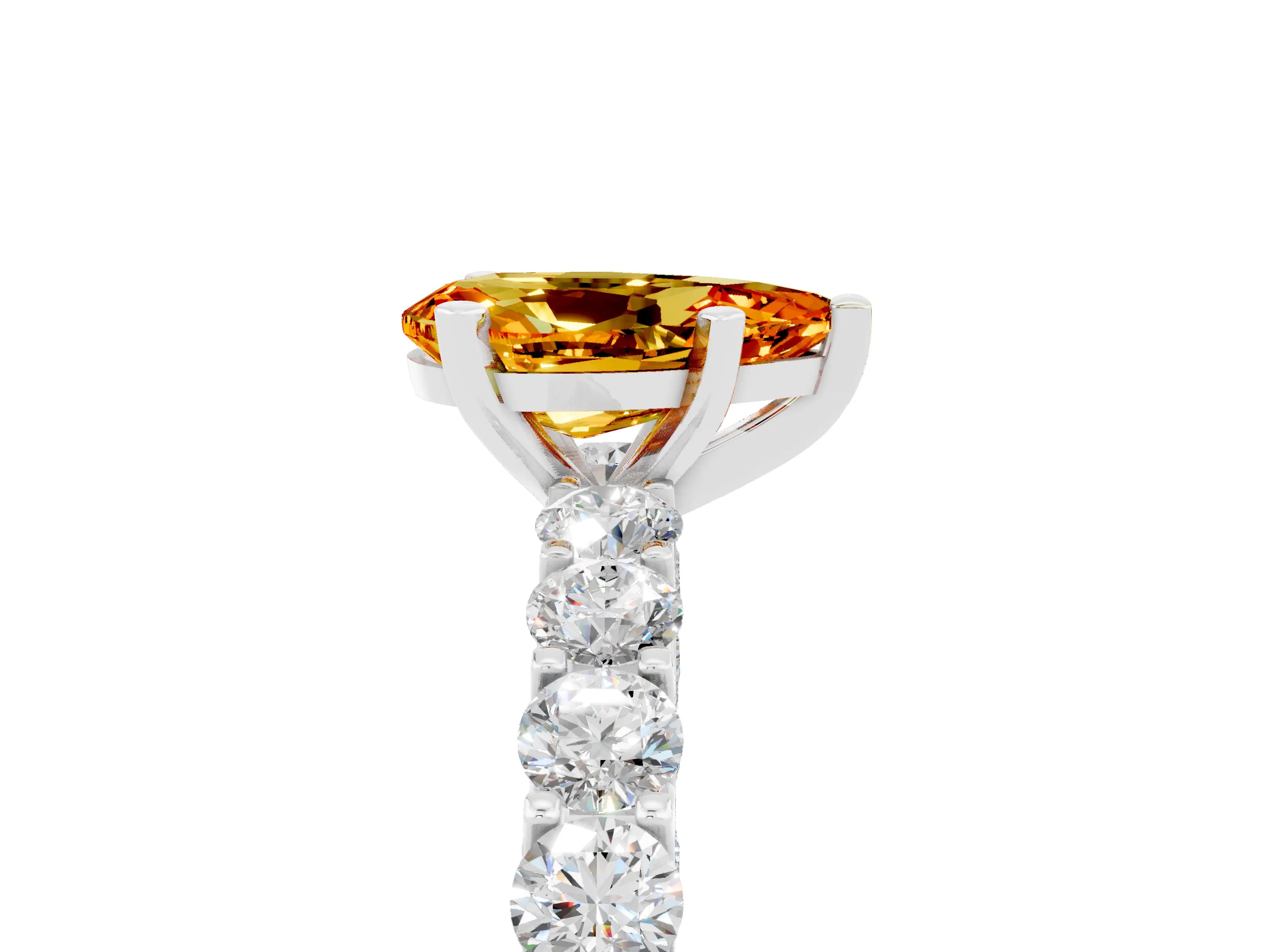 White gold Pear Cut Citrine Solitaire Ring with Shared Prong Pavé Band and Four-Prong Setting_5