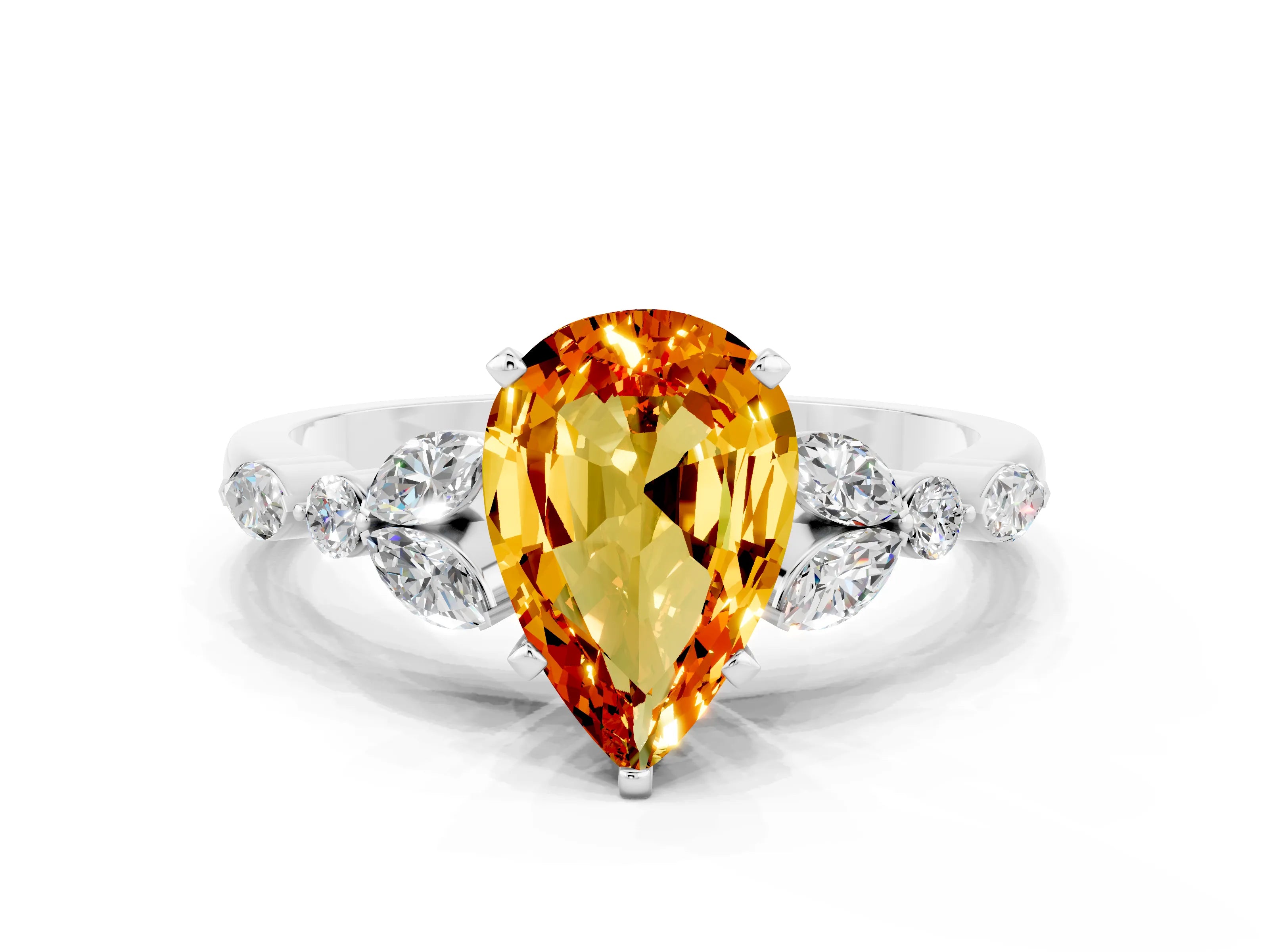 White gold Pear Cut Citrine Solitaire Ring with Side Stones and Four-Prong Setting_24
