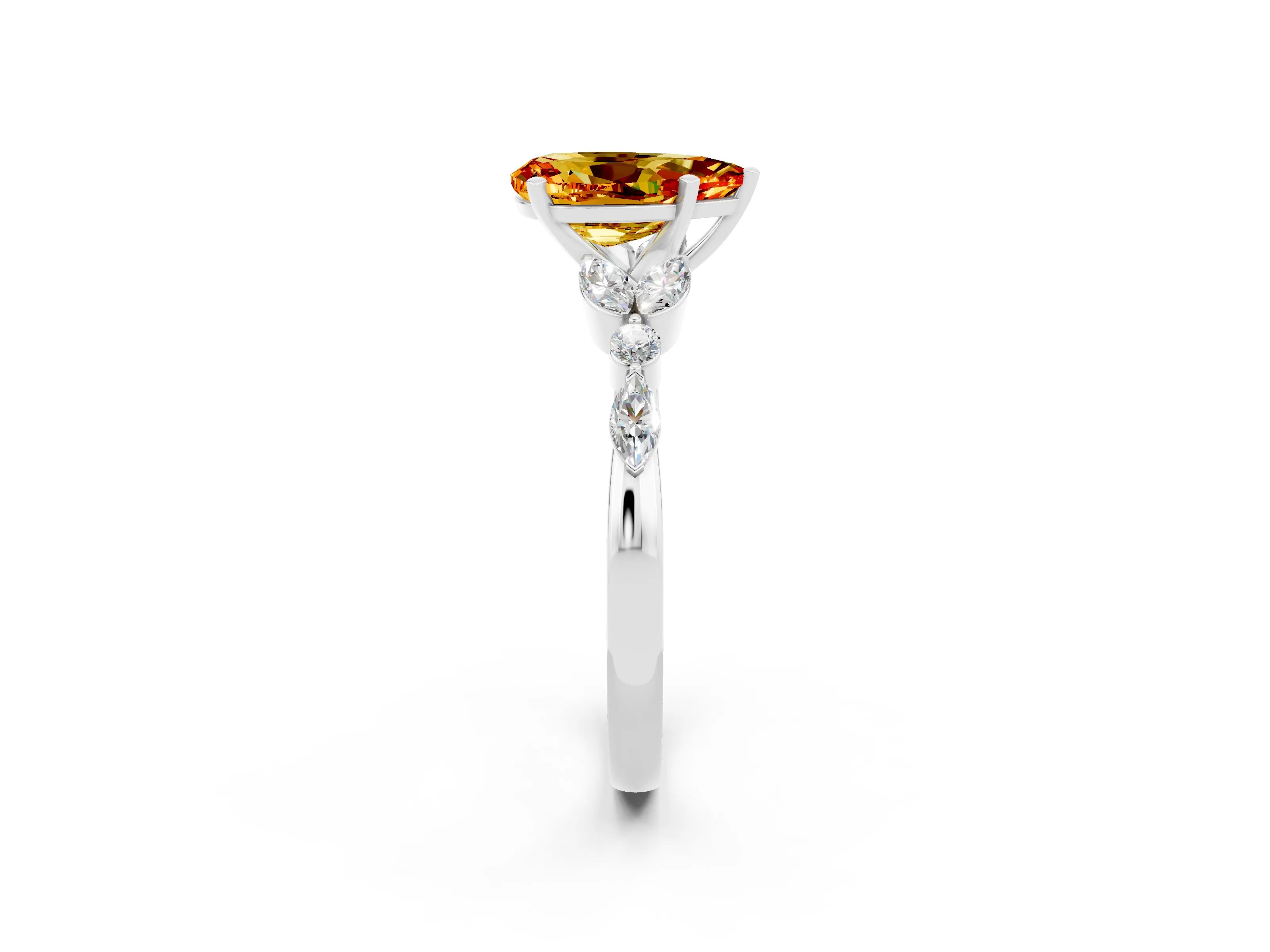 White gold Pear Cut Citrine Solitaire Ring with Side Stones and Four-Prong Setting_26