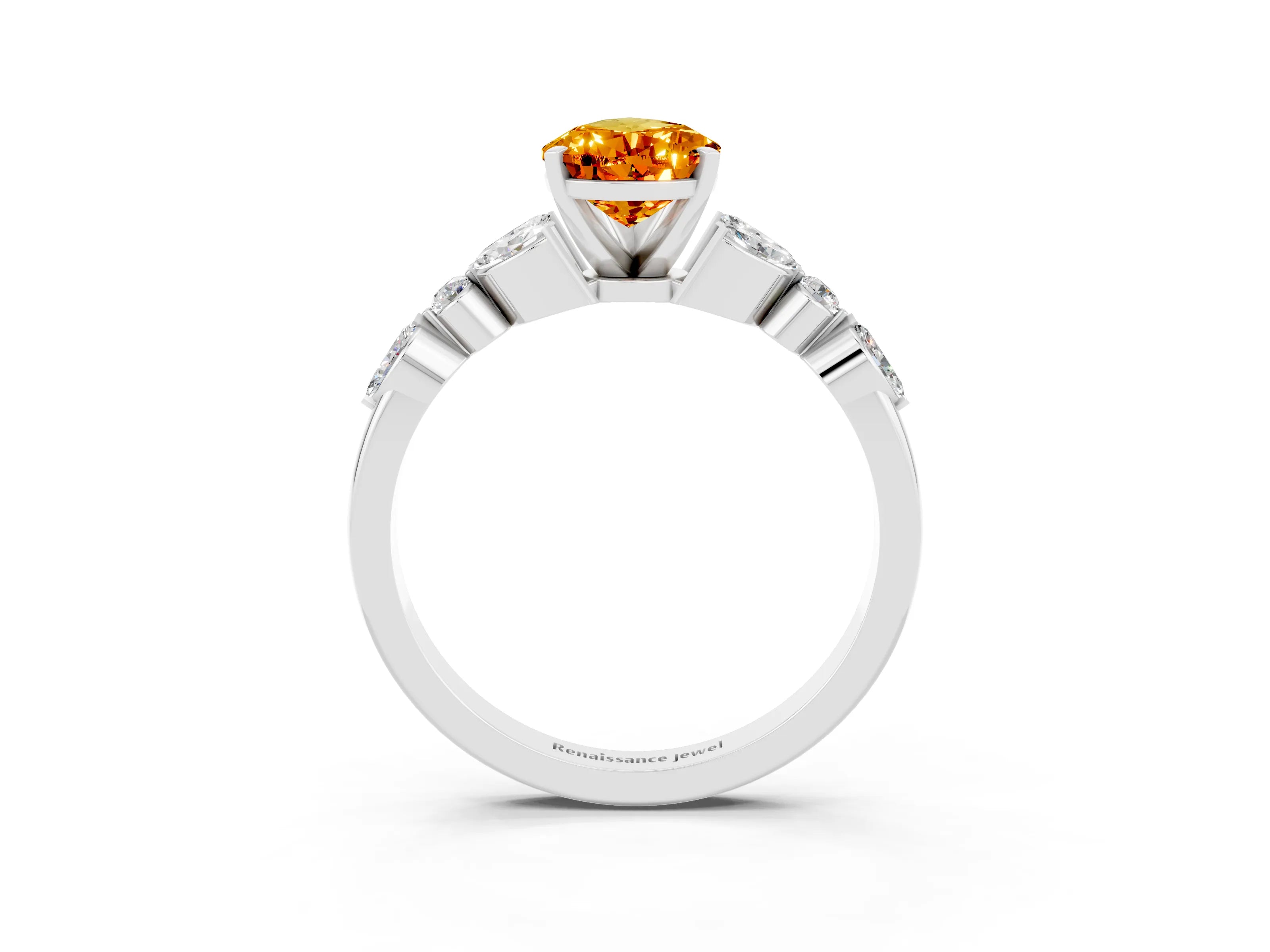 White gold Pear Cut Citrine Solitaire Ring with Side Stones and Four-Prong Setting_27