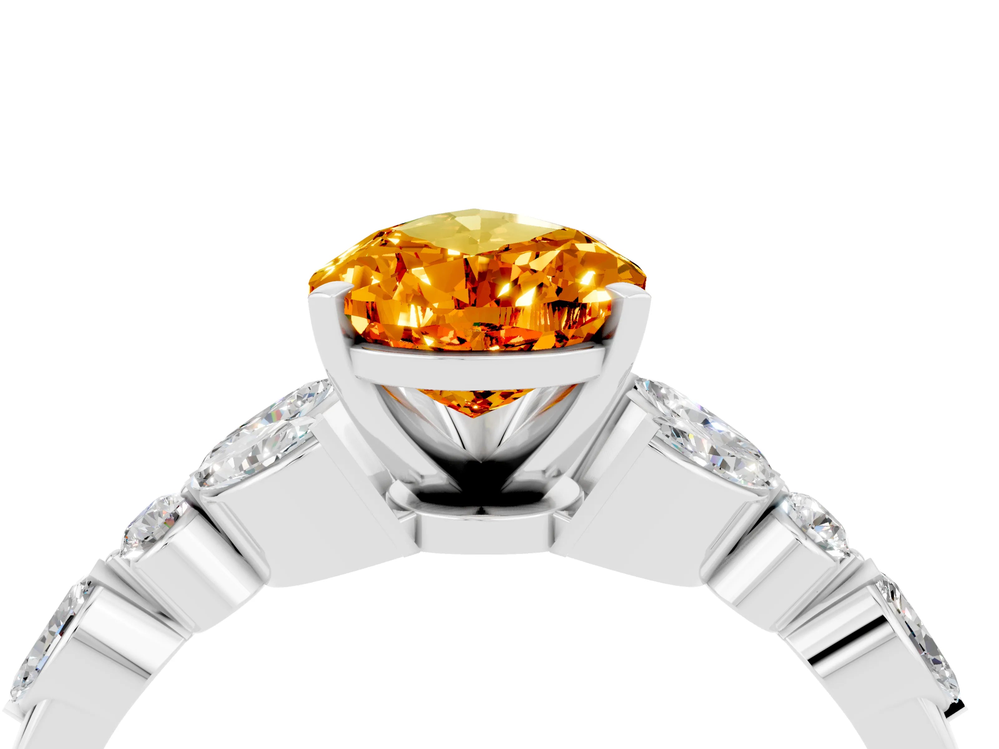 White gold Pear Cut Citrine Solitaire Ring with Side Stones and Four-Prong Setting_28