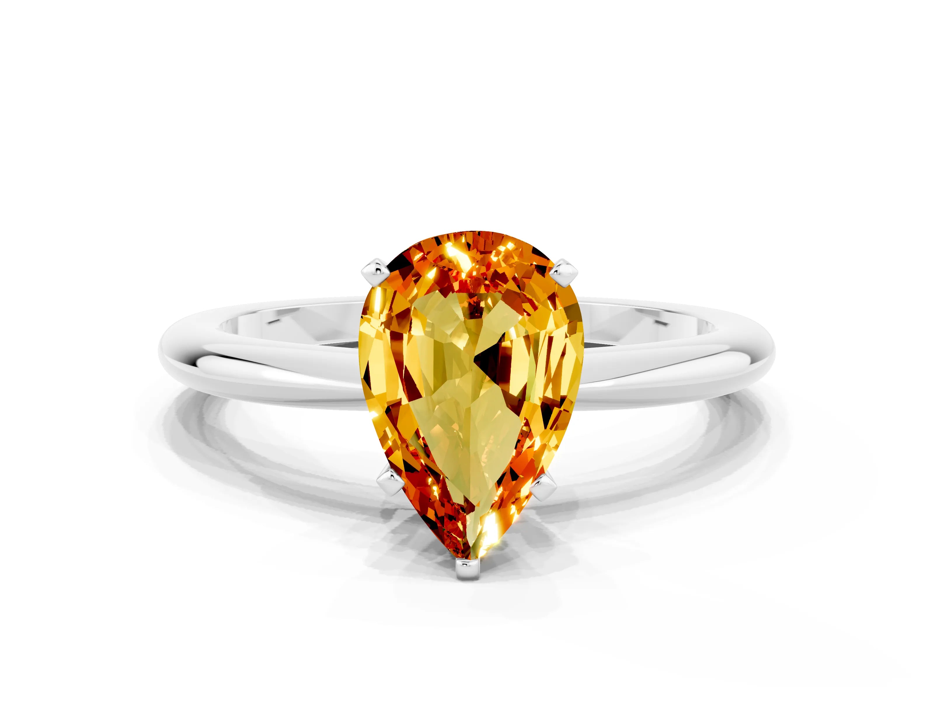 White gold Pear Cut Citrine Solitaire Ring with Six-Prong Setting and Classic Band