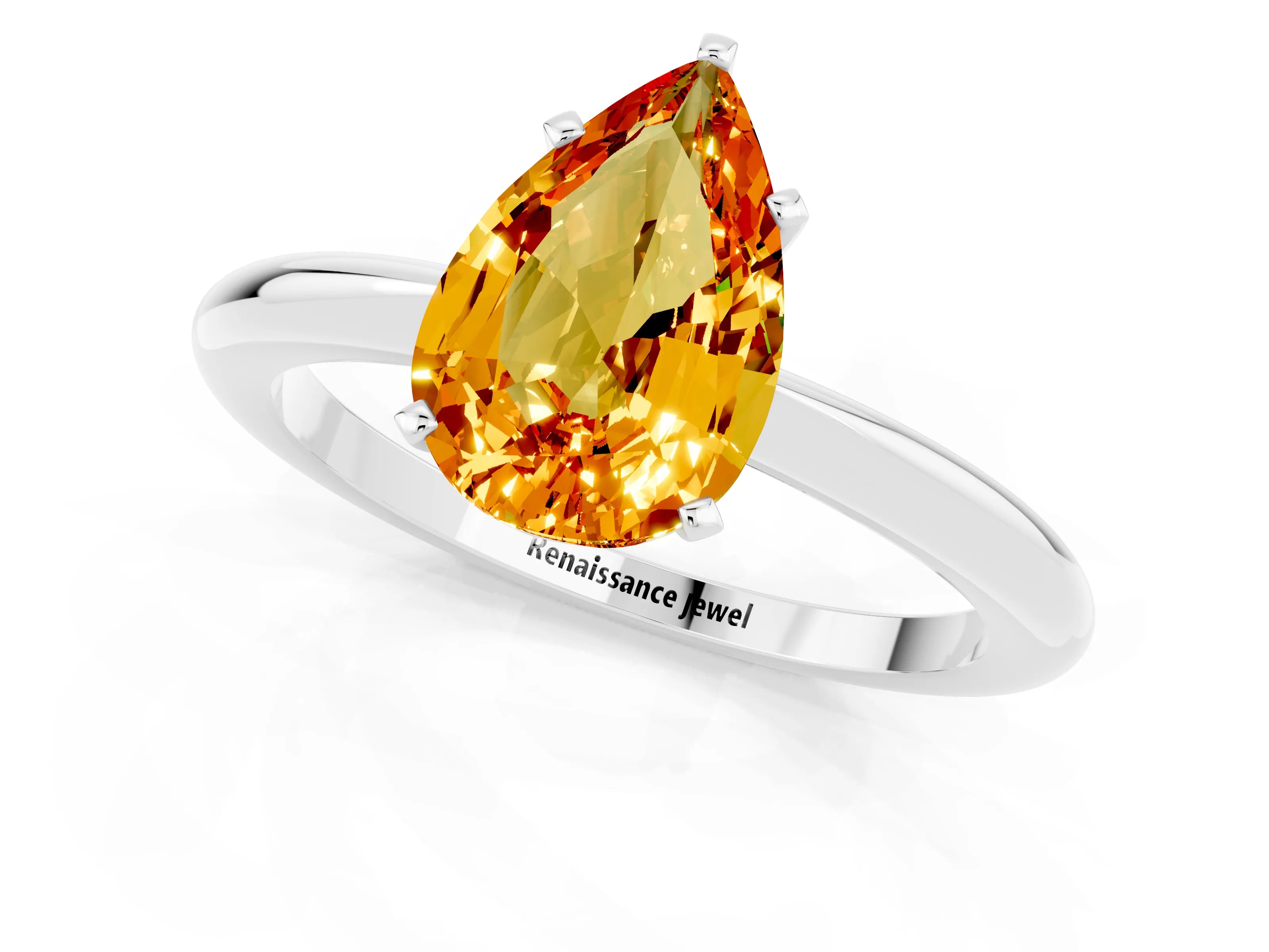 White gold Pear Cut Citrine Solitaire Ring with Six-Prong Setting and Classic Band_1