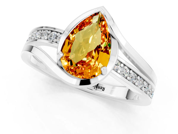 Platinum Pear Cut Citrine Solitaire Ring with Split Shank and Prong Setting
