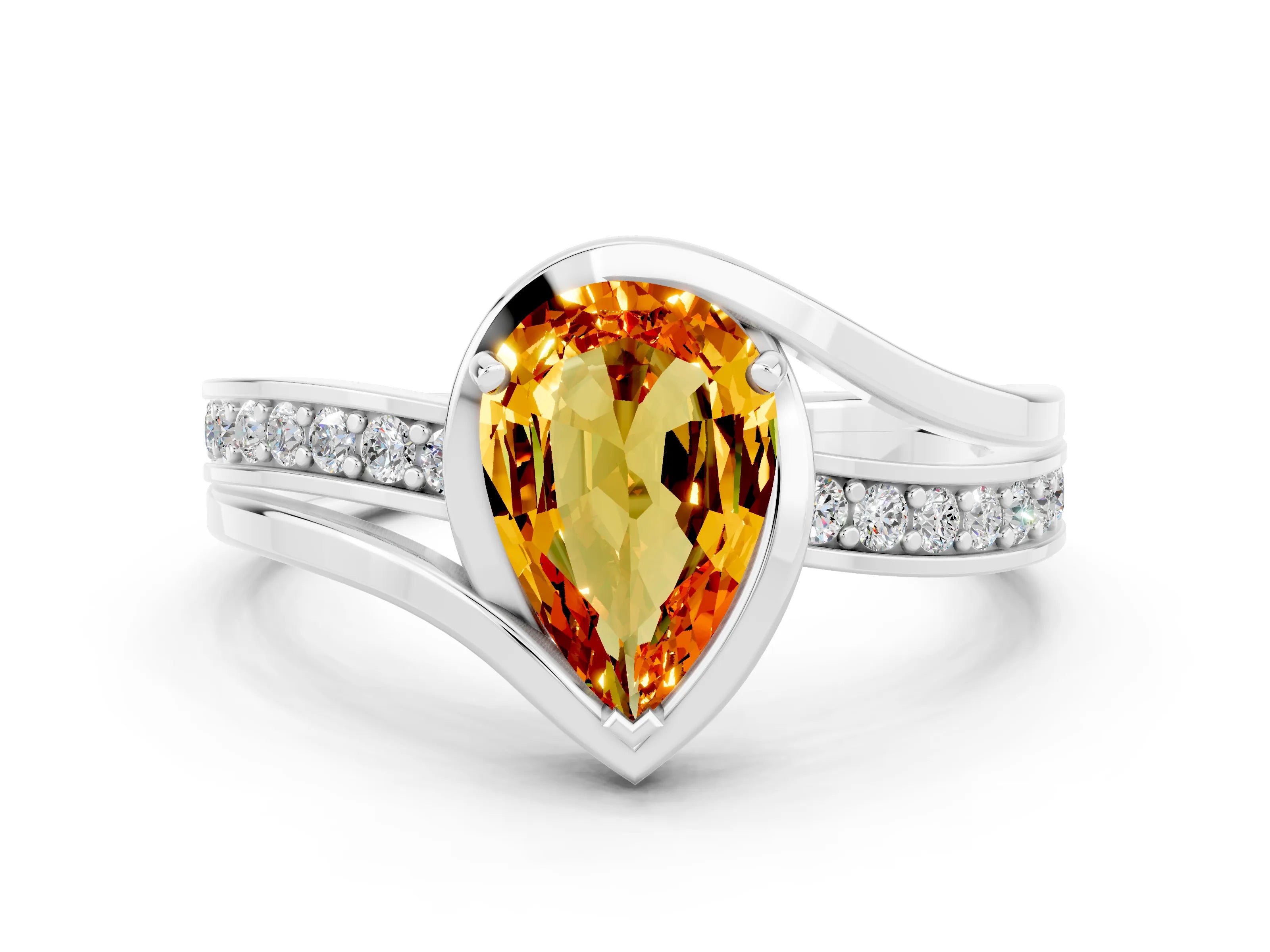 White gold Pear Cut Citrine Solitaire Ring with Split Shank and Prong Setting