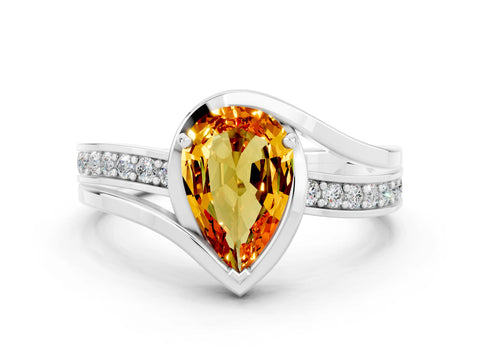White gold Pear Cut Citrine Solitaire Ring with Split Shank and Prong Setting