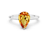 White gold Pear Cut Citrine Solitaire Ring with Thin Band and Four-Prong Setting