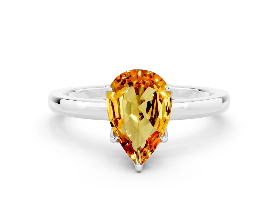 White gold Pear Cut Citrine Solitaire Ring with Thin Band and Prong Setting_12