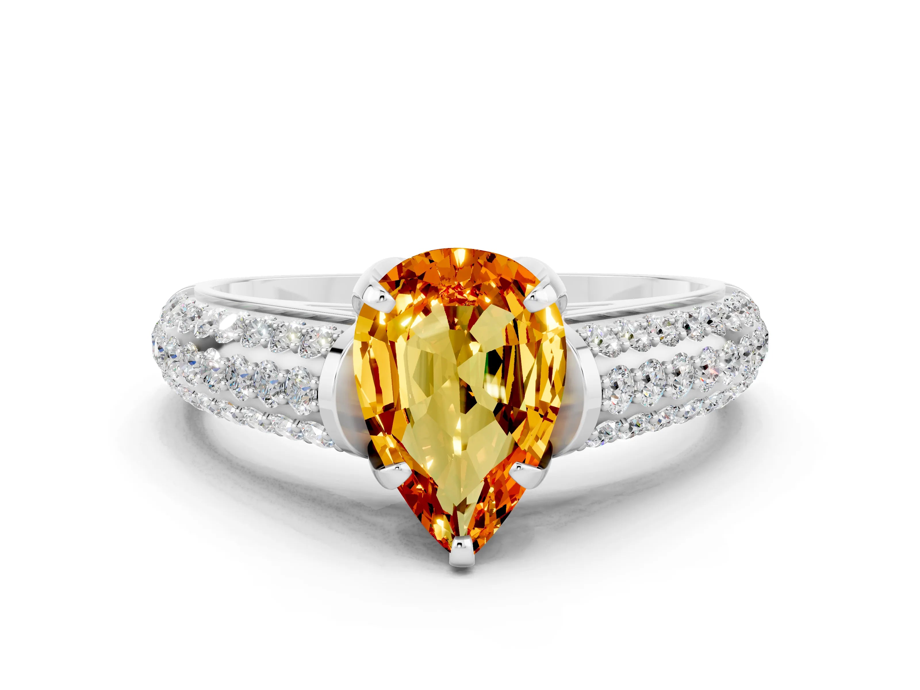 White gold Pear Cut Citrine Solitaire Ring with Three-Row Pavé Band and Four-Prong Setting_12