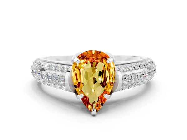 Platinum Pear Cut Citrine Solitaire Ring with Three-Row Pavé Band and Four-Prong Setting