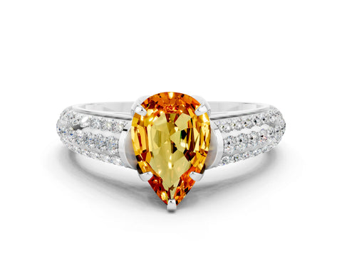 White gold Pear Cut Citrine Solitaire Ring with Three-Row Pavé Band and Four-Prong Setting_12