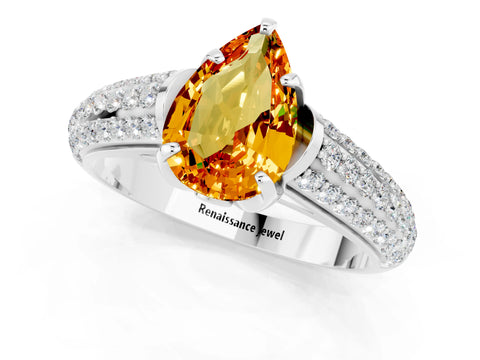 White gold Pear Cut Citrine Solitaire Ring with Three-Row Pavé Band and Four-Prong Setting_13