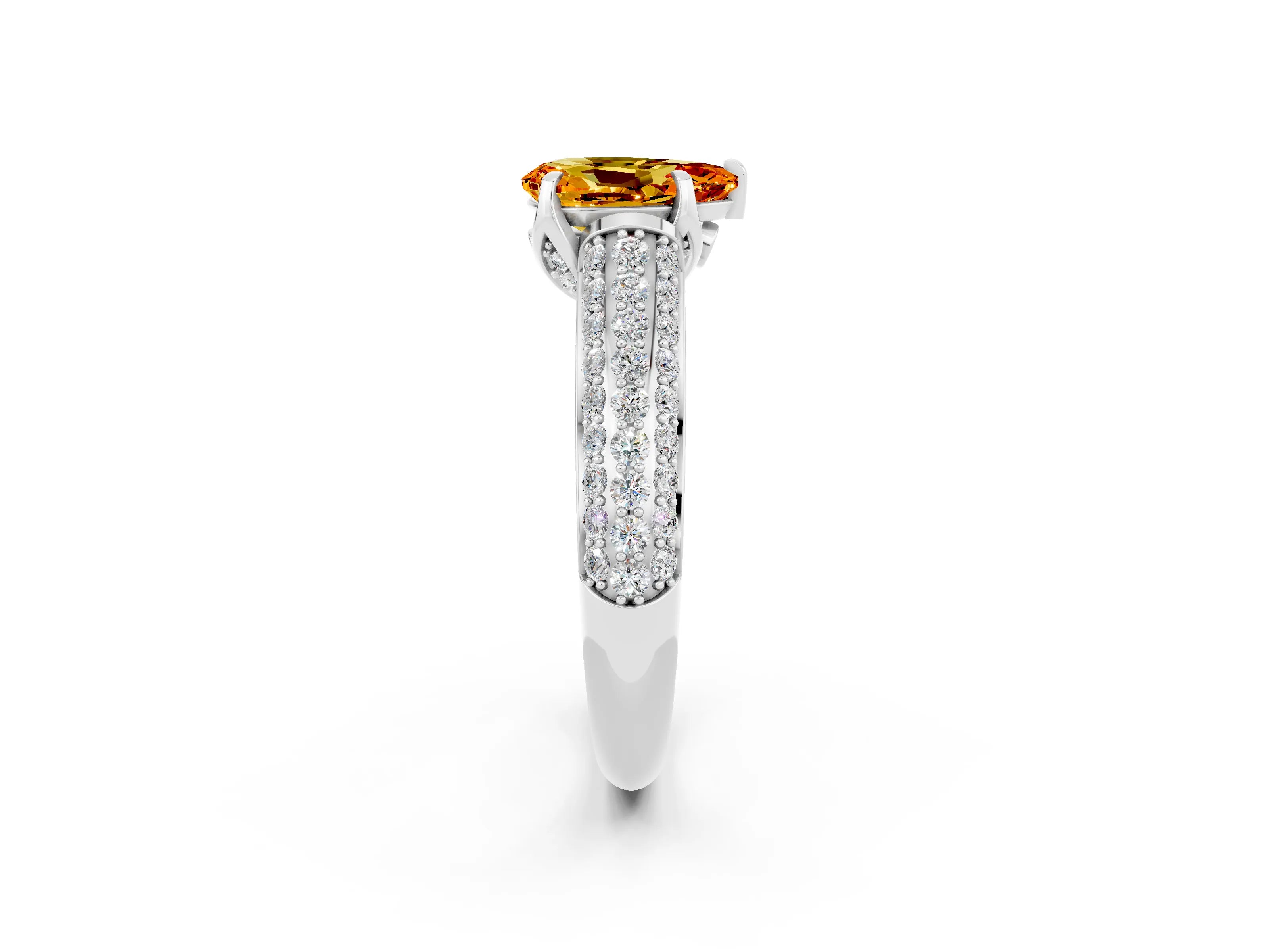 White gold Pear Cut Citrine Solitaire Ring with Three-Row Pavé Band and Four-Prong Setting_14