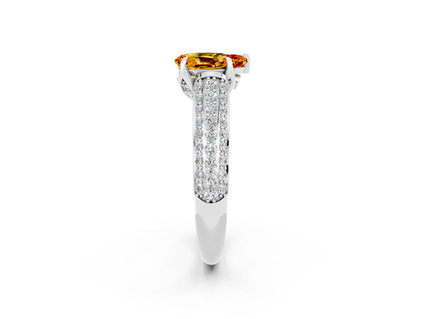 White gold Pear Cut Citrine Solitaire Ring with Three-Row Pavé Band and Four-Prong Setting