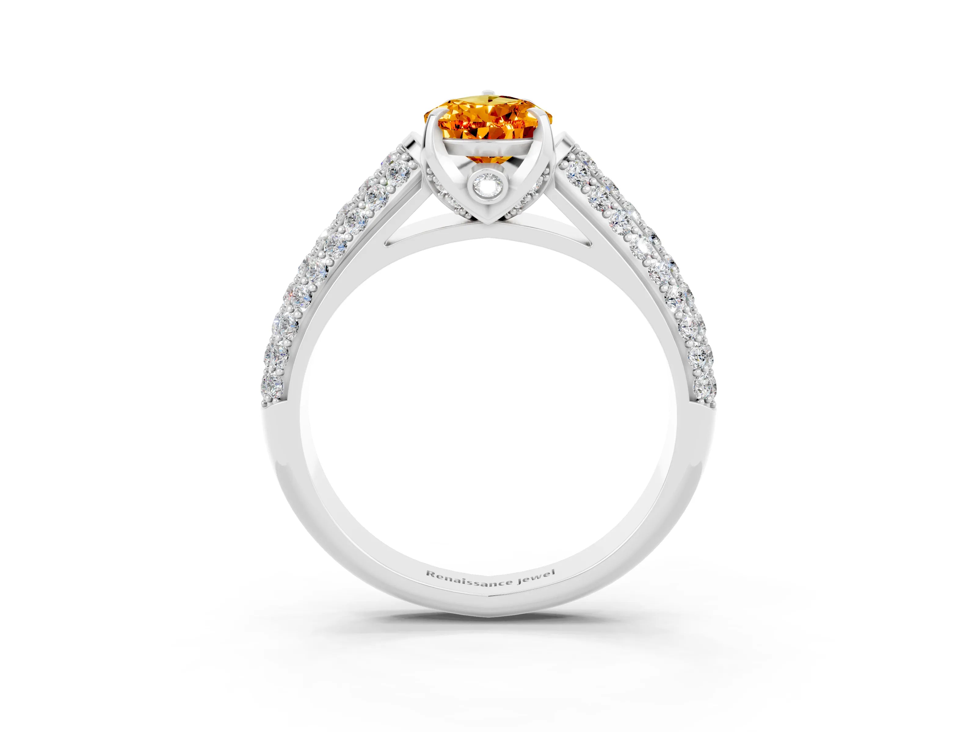 White gold Pear Cut Citrine Solitaire Ring with Three-Row Pavé Band and Four-Prong Setting_15