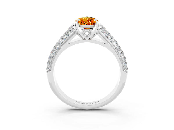 Platinum Pear Cut Citrine Solitaire Ring with Three-Row Pavé Band and Four-Prong Setting