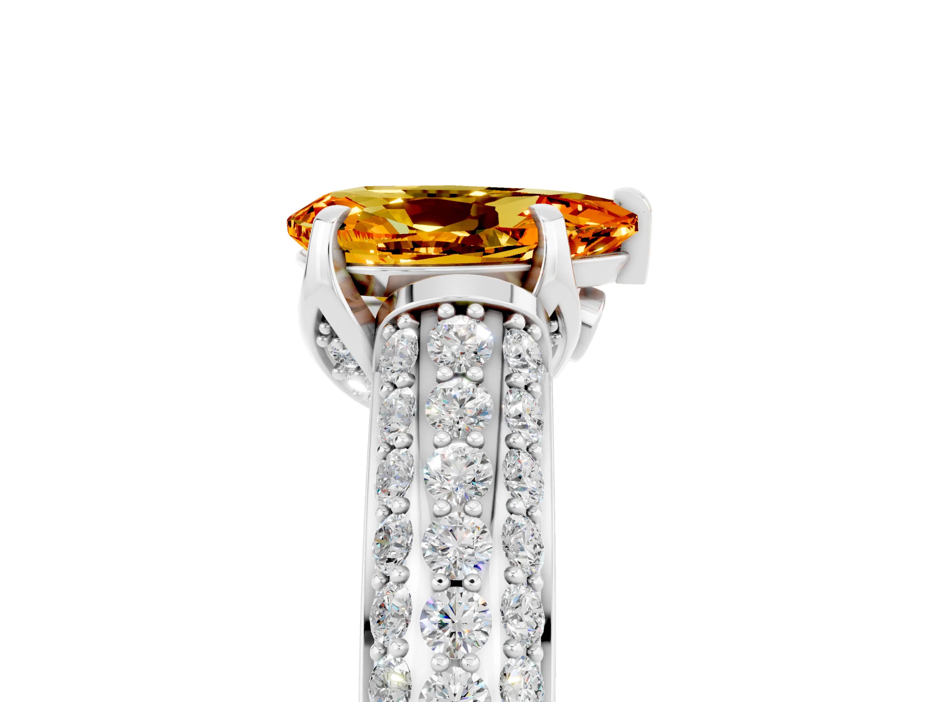 White gold Pear Cut Citrine Solitaire Ring with Three-Row Pavé Band and Four-Prong Setting_17