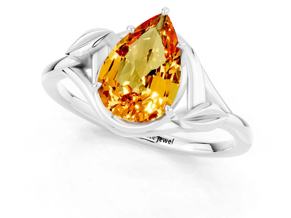 Platinum Pear Cut Citrine Solitaire Ring with Twist Band and Four-Prong Setting