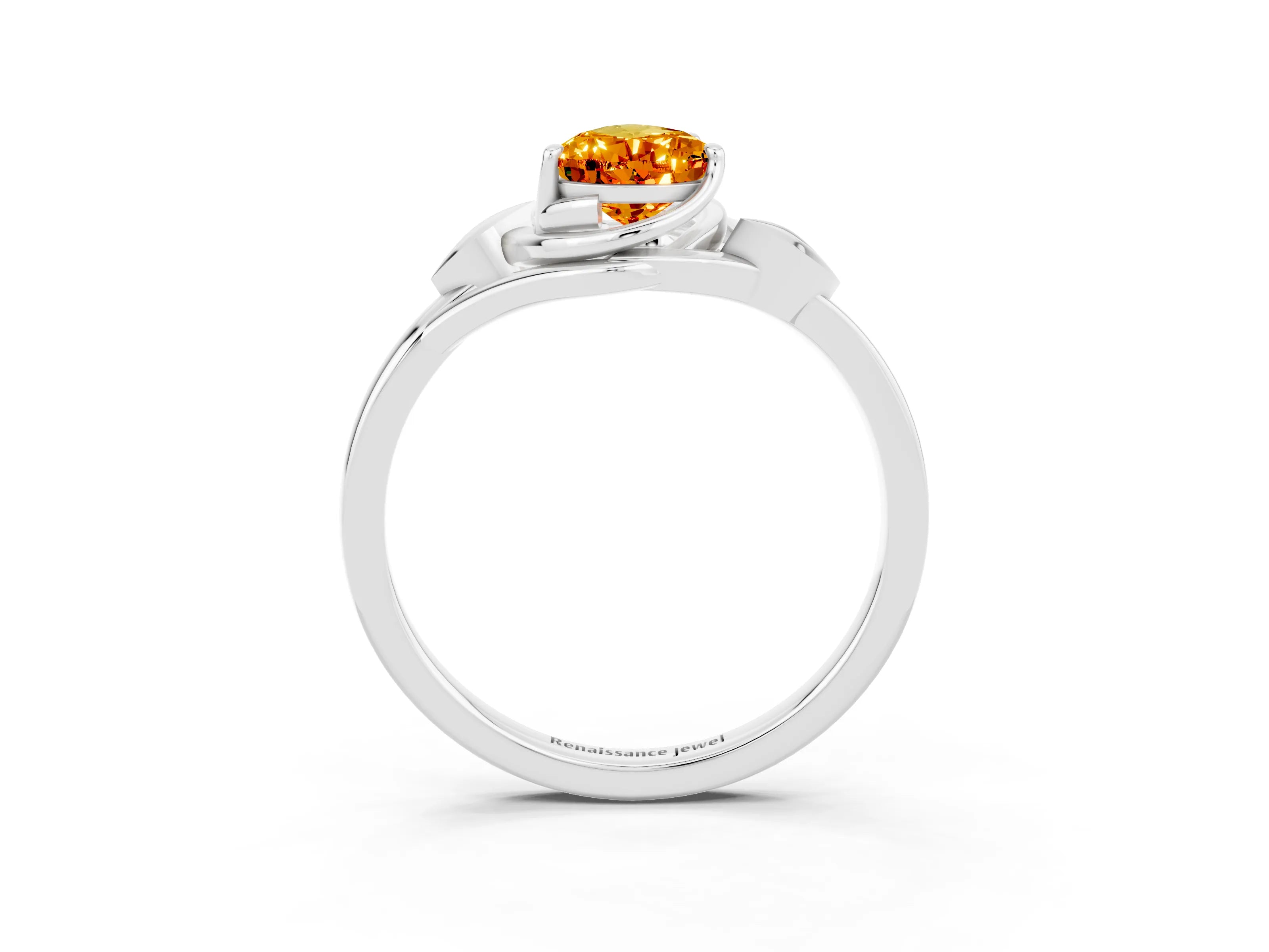 White gold Pear Cut Citrine Solitaire Ring with Twist Band and Four-Prong Setting_15