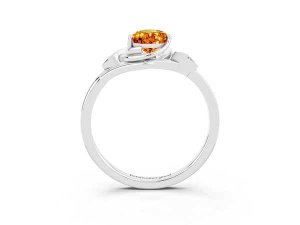 Platinum Pear Cut Citrine Solitaire Ring with Twist Band and Four-Prong Setting