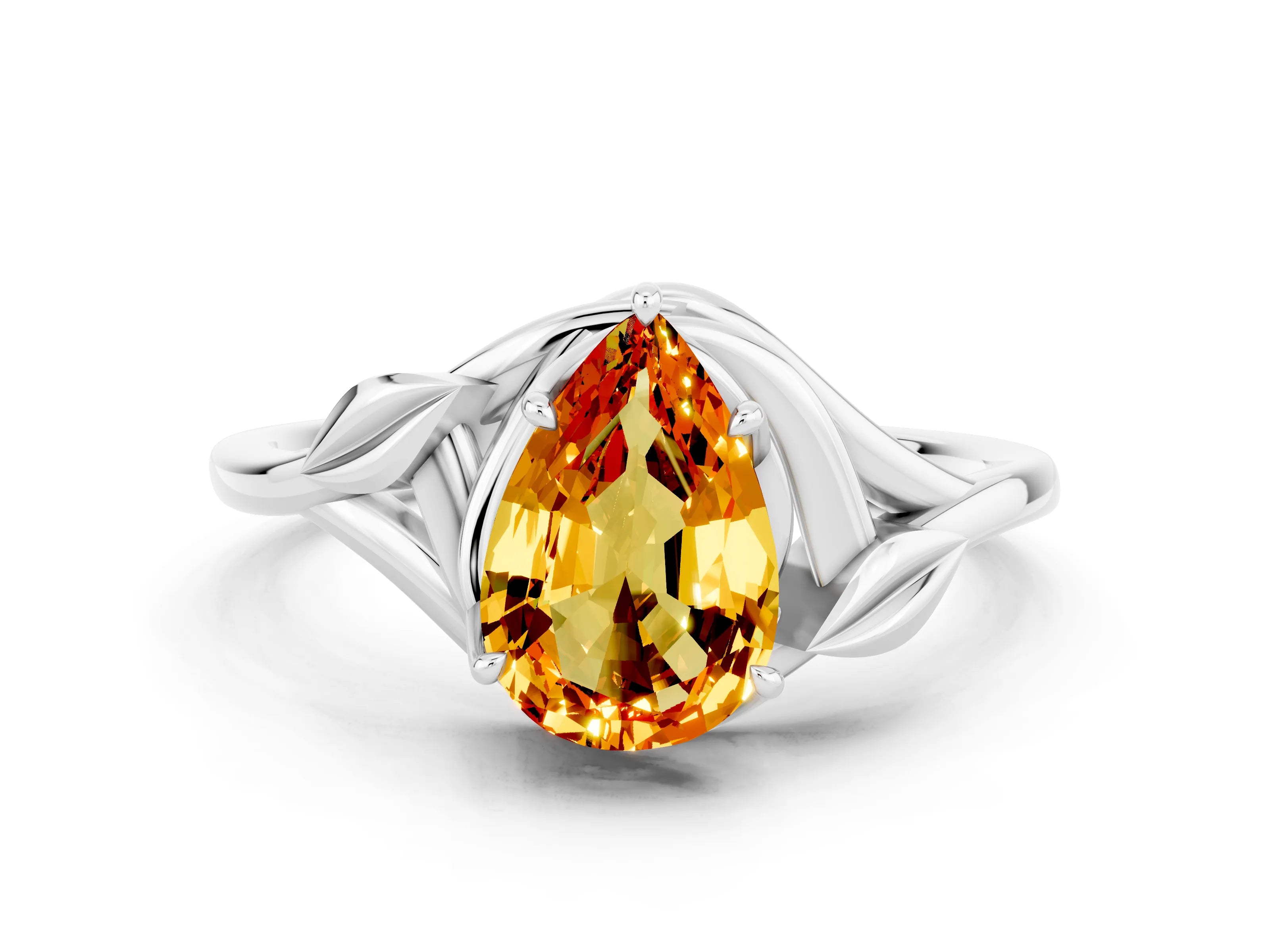 White gold Pear Cut Citrine Solitaire Ring with Twist Band and Four-Prong Setting_36