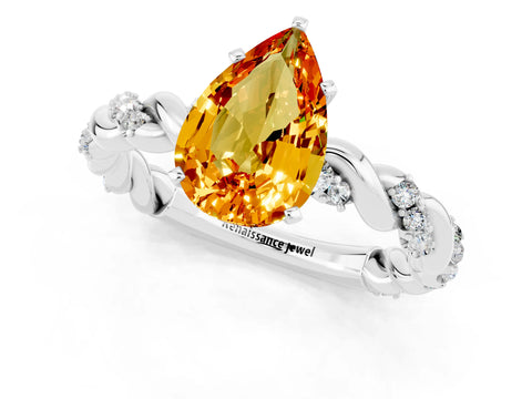 White gold Pear Cut Citrine Solitaire Ring with Twisted Band and Pavé Accents_1
