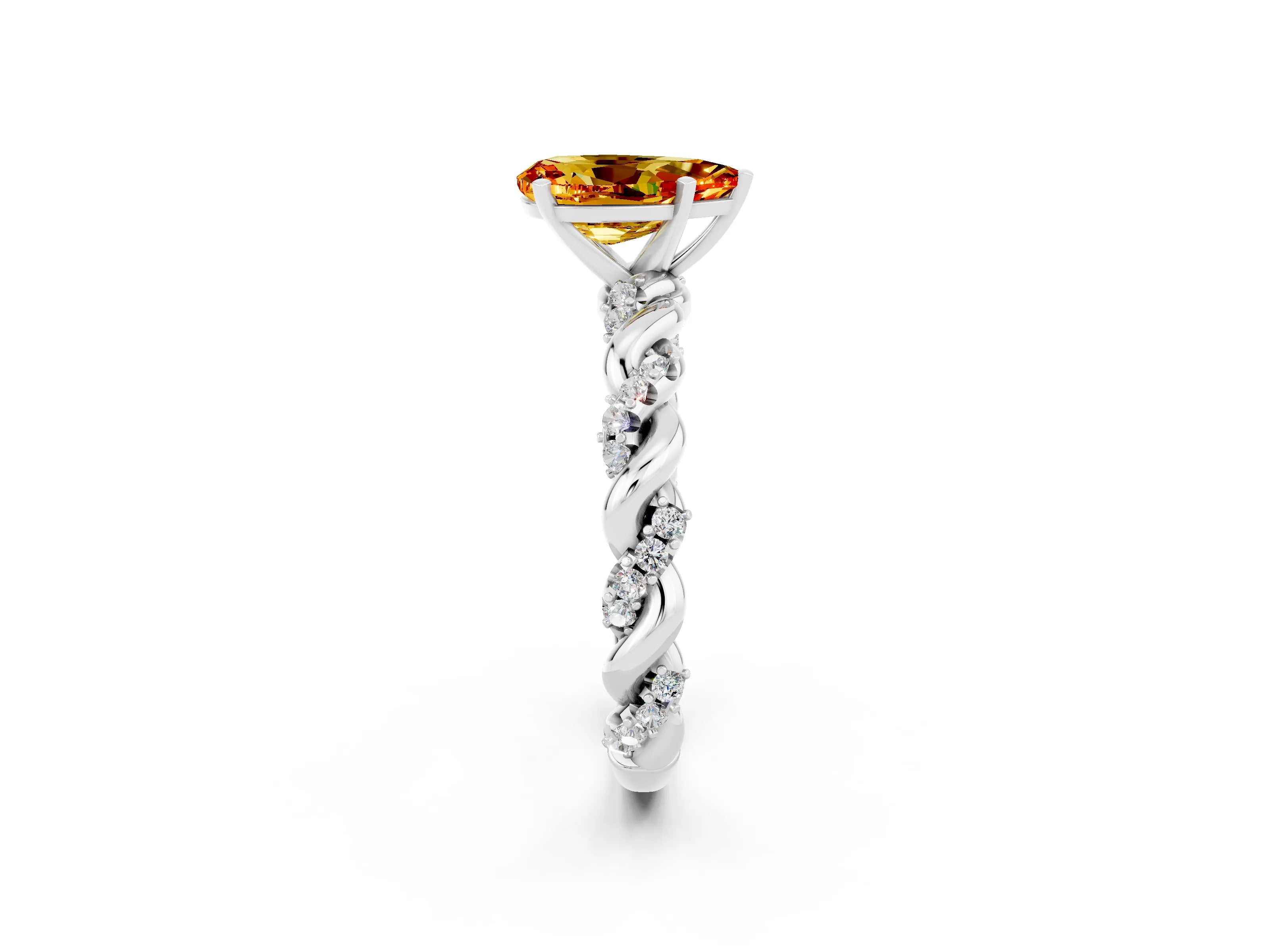 White gold Pear Cut Citrine Solitaire Ring with Twisted Band and Pavé Accents_2