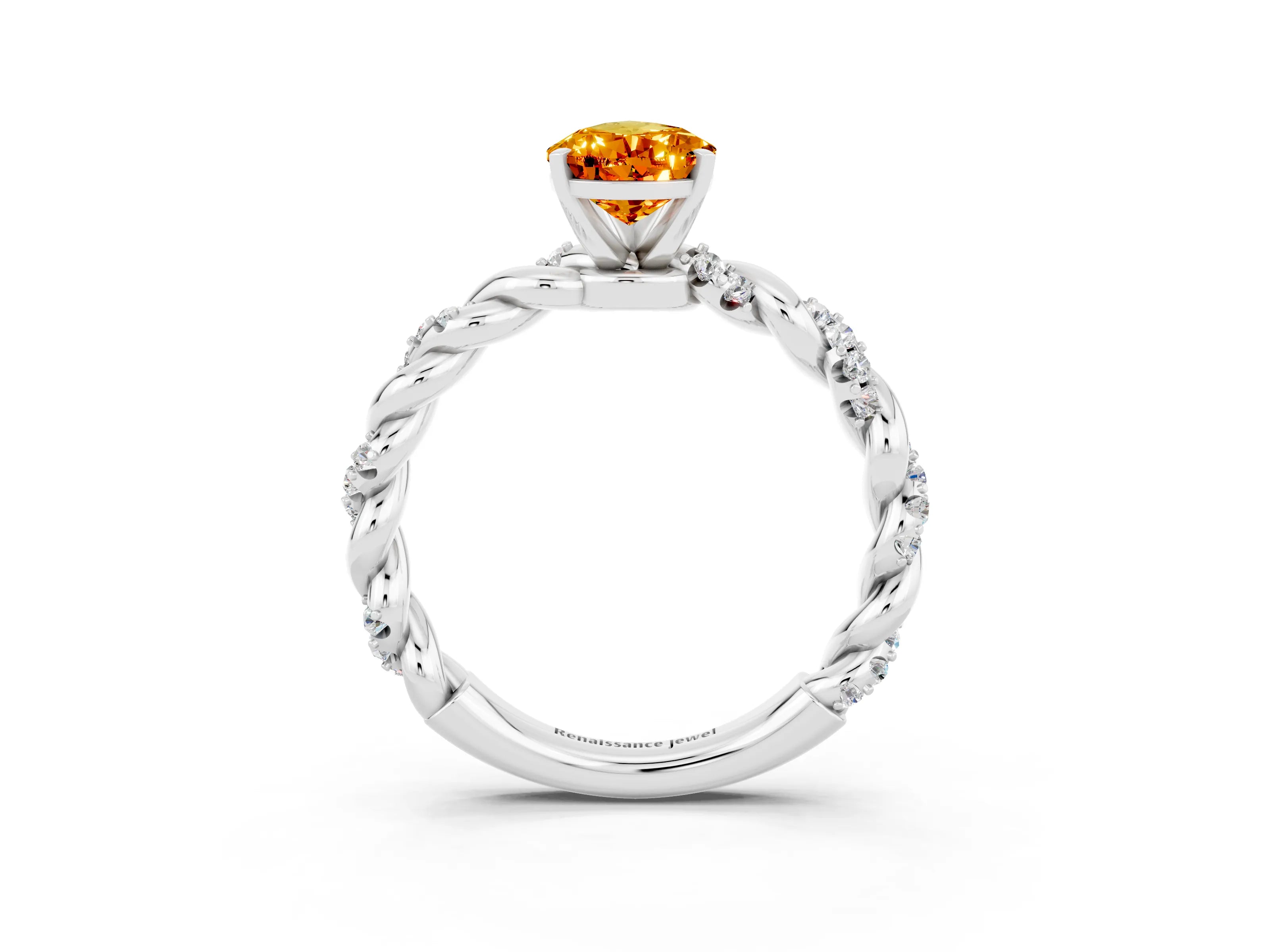White gold Pear Cut Citrine Solitaire Ring with Twisted Band and Pavé Accents_3
