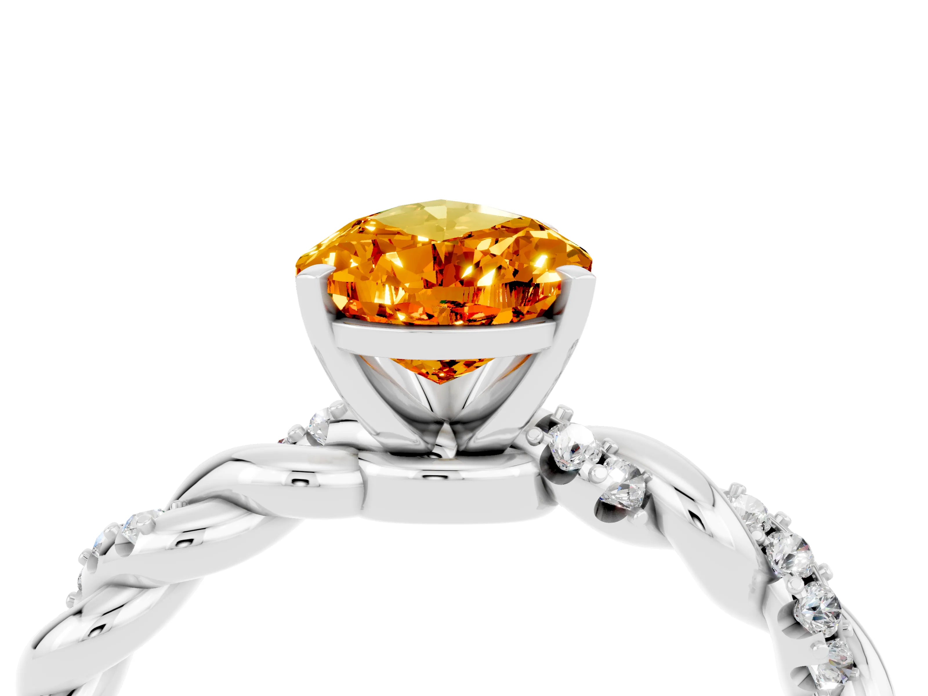 White gold Pear Cut Citrine Solitaire Ring with Twisted Band and Pavé Accents_4