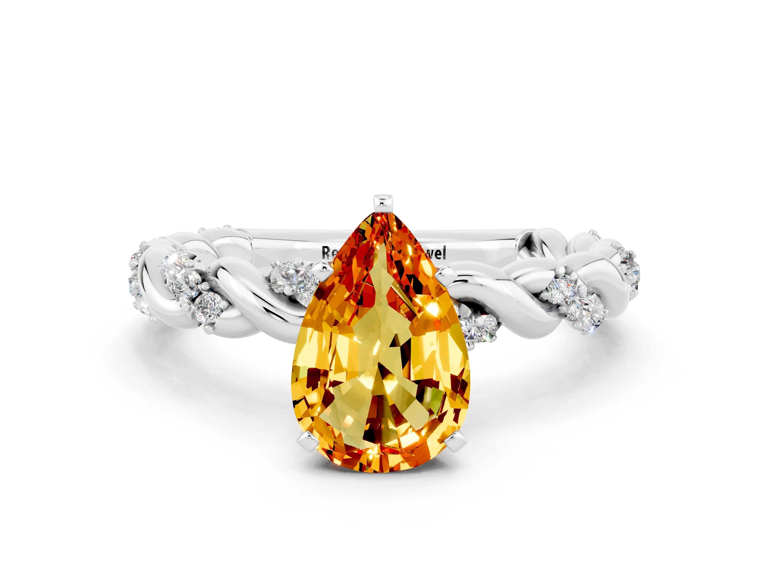 White gold Pear Cut Citrine Solitaire Ring with Twisted Band and Pavé Accents