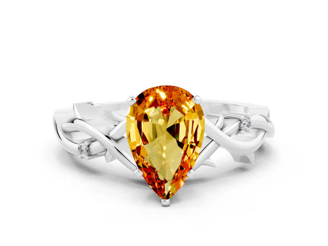 White gold Pear Cut Citrine Solitaire Ring with Twisted Band and Prong Setting_12