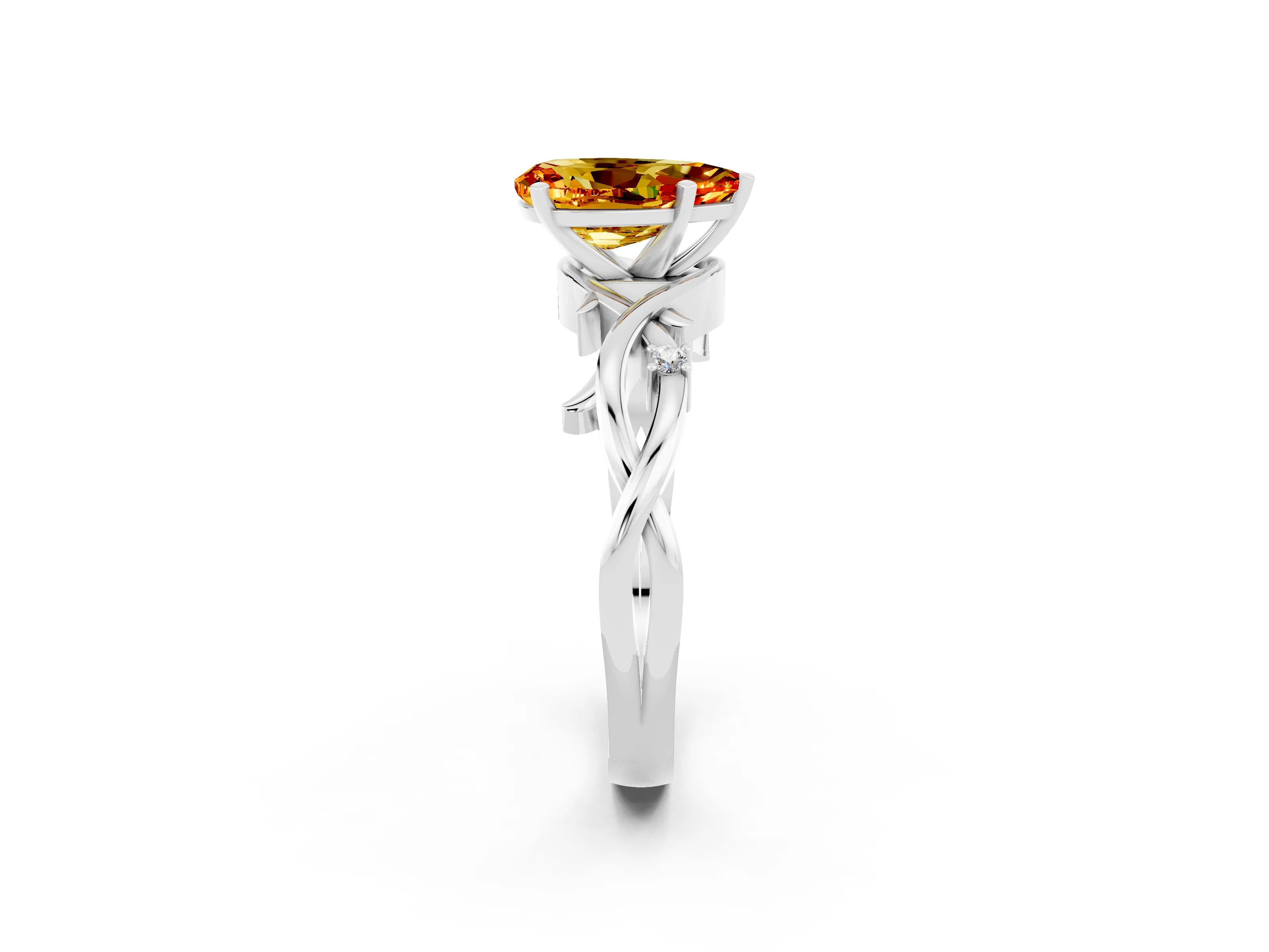 White gold Pear Cut Citrine Solitaire Ring with Twisted Band and Prong Setting_14