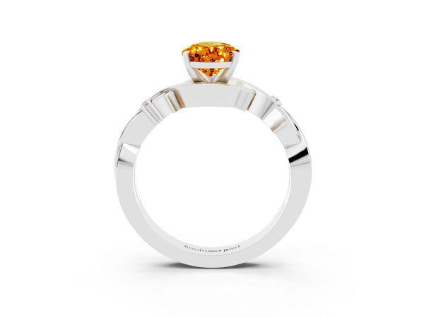 White gold Pear Cut Citrine Solitaire Ring with Twisted Band and Prong Setting