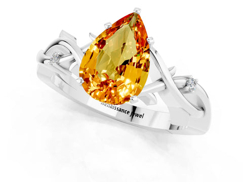 White gold Pear Cut Citrine Solitaire Ring with Twisted Band and Prong Setting_1