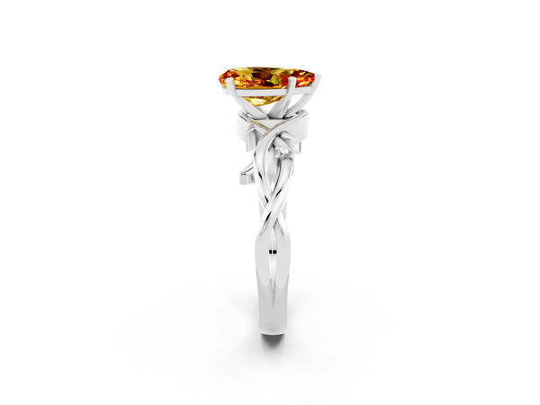 Silver Pear Cut Citrine Solitaire Ring with Twisted Band and Prong Setting