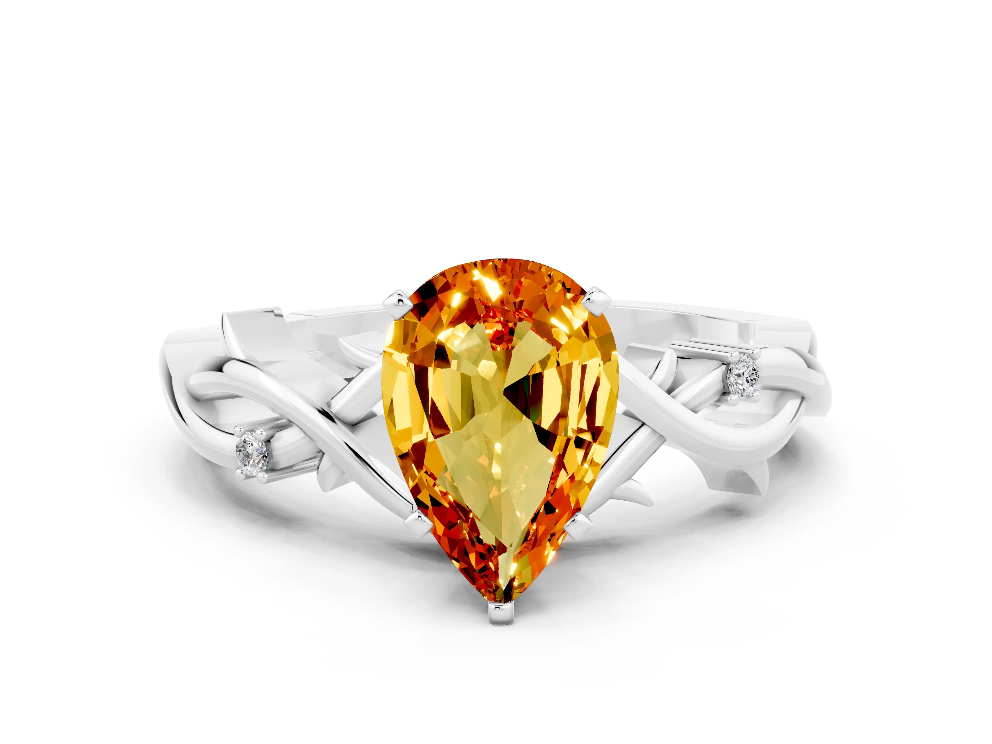 White gold Pear Cut Citrine Solitaire Ring with Twisted Band and Prong Setting