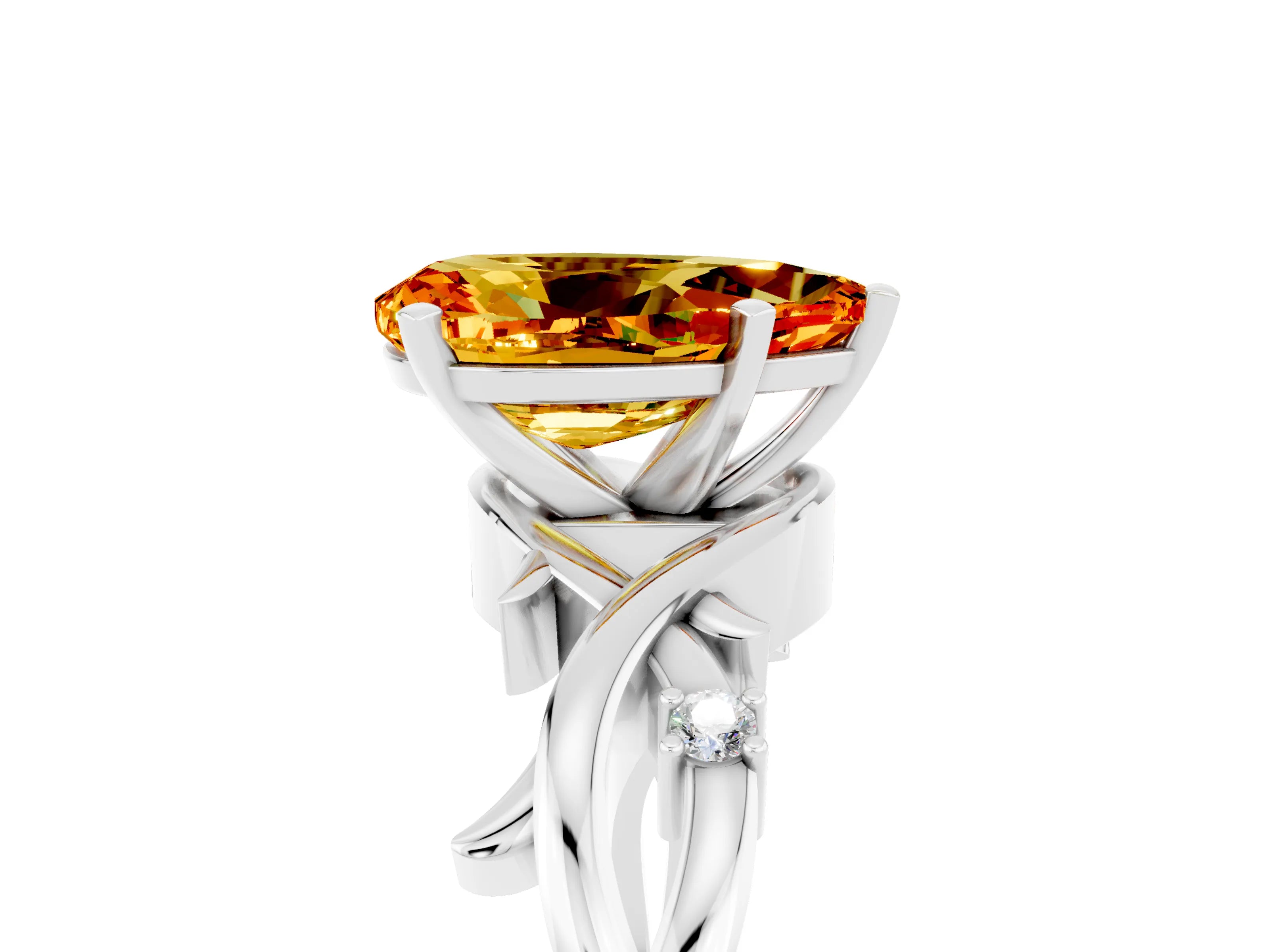 White gold Pear Cut Citrine Solitaire Ring with Twisted Band and Prong Setting_5